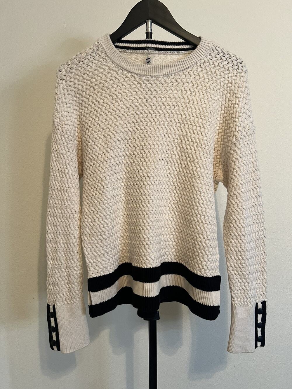Lou & Grey Textured 100% Cotton Sweater Crewneck Black White Striped Cuffs Small